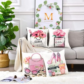 FCOZM Pink Throw Pillow Covers Fashion Women Girls Bed Decorative Pillow Covers 18x18 Perfume High Heels Drink Lipstick Book Print Couch Pillow Covers Accent Square Velvet Pillowcase Set of 4