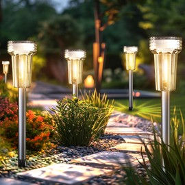Mancra Solar Lights Outdoor Waterproof, 8 Pack Stainless Steel Solar Pathway Lights LED Tungsten Outdoor Lighting Garden Decor for Path Yard Lawn Walkway Driveway, 3000K