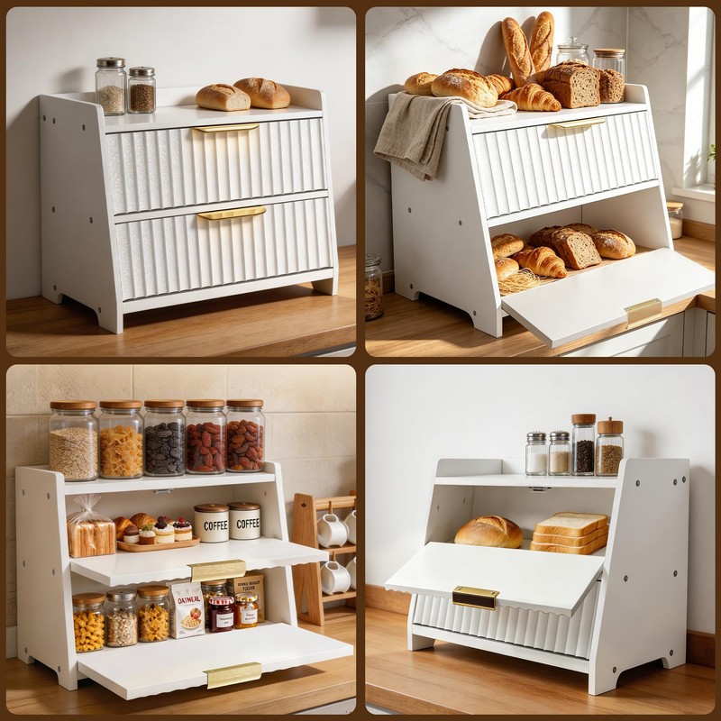 Txcucc Large Bread Box, White, Double Layer Wooden