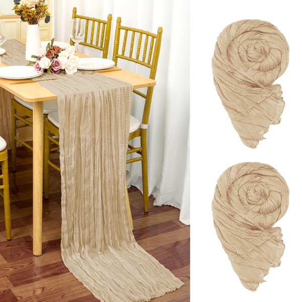 2 Pieces Beige Gauze Table Runner, 90 x 300 cm, Light Brown, Cheese Table Runner for Wedding, Bachelorette Party Baby Shower Birthday Party Decorations