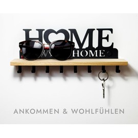 SirHoldeer Key Rack with Shelf Made of Real Wood and Metal, Wall Organiser with 8 Hooks for the Hallway, Home Sweet Home Design for Wall Mounting