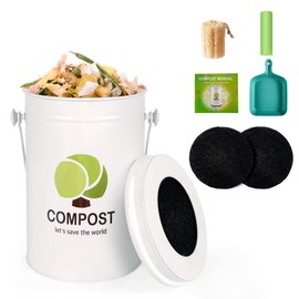 Compost Bin Kitchen Countertop, 1.7 Gallon Indoor Compost Pail, Odorless Food Waste Bin Compost Bucket with Charcoal Filter & Trash Bags & Waste Tray & Brush