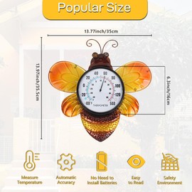 HOBYLUBY Bee-Shaped Outdoor Thermometer No Need Battery, Outdoor Wall Thermometer Easy to Read, Decorative Outside Thermometer for Patio, Home, Backyard, Living Room
