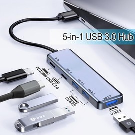 5 in 1 USB Multipport Hub 3.0, Ultra Slim Portable USB Splitter Adapter with 3 USB A 1 Type C Port and PD100W Charger, USB Expander for PC, Laptop, MacBook, Flash Drive, Printer, Keyboard and more