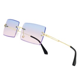 Stylish Small Rectangle Sunglasses Women Men Tinted Frameless Eyewear Ultralight Candy Color Ocean Sun Glasses Shades… (Gold Frame/Blue Pink Lens)
