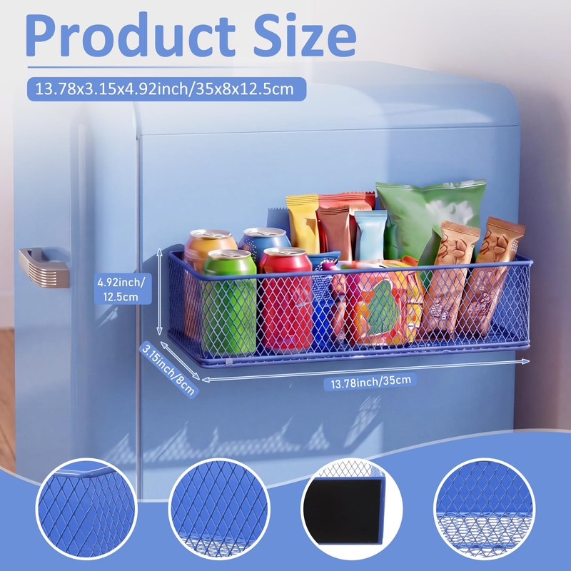 2 Pack Blue Magnetic Fridge Basket, 13.8 x 3.1 x