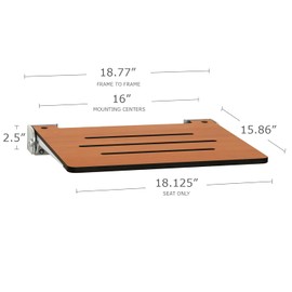 Seachrome 18 inch Silhouette Slimline Folding Wall Mount Shower Bench Seat, Teak Seat with Silver Frame