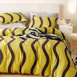 SUSYBAO Queen Size Duvet Cover 100% Cotton Yellow Green Striped Duvet Cover 3 Pieces Set 1 Brown Wavy Stripe Duvet Cover with Zipper Ties 2 Pillowcases Soft Vintage Aesthetic Geometric Bedding