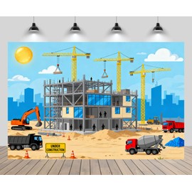 CHNYWORK 7x5ft Cartoon Construction Site Backdrop Building Materials and Equipment Cityscape Skyline Background Kids Cartoon Construction Theme Party Decor Birthday Banner Photo Shoot Props