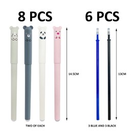 8 Erasable Ballpoint Pens, Cute Cartoon Animal Gel Pen Black/Blue for Students, Kids, Adults and Office Stationery