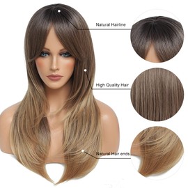 Ms TAj Brown Wigs for Women Synthetic Wig with Fringe Long Slight Curly Layered Wig for Daily and Party Wear, 21 Inch