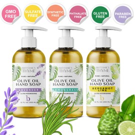 Brittanie's Thyme Organic Natural Hand Soap - Castile Soap Made Olive Oil And Natural Luxurious Essential Oils. Vegan & Gluten Free (Bergamot/Lavender/Lemongrass)