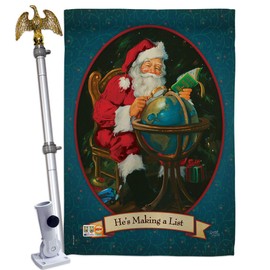 Christmas He's Making a List House Flag Eagle Set Winter Santa Marry Xmas Present Reindeer Season Wintertime Snow Small Decorative Gift Yard Banner Double-Sided Made In USA 28 X 40