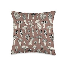 Cute Mushroom Botanical Designs Mushroom Pattern Botanical Nature Chocolate Mocha Brown Throw Pillow, 16x16, Multicolor