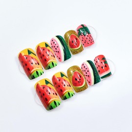 Watermelon Press On Nails Square Medium Fake Nails Green French Acrylic Glue On Nails Summer False Nails Glossy Stick On Nails Cute Fruit Reusable Artificial Nails For Women Girls 24pcs