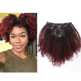 LacerHair Ombre Clip in Human Hair Extensions Afro Kinky Curly 4B 4C 100% Natural Black Real Hair Extensions Clip in For Black Women Two Tone T#1B/99J Burgundy Wine Red Full Head,14 inch