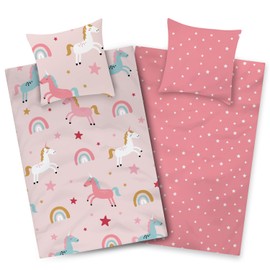 Aminata kids Bettwäsche Kinder 135x200 Mädchen Einhorn Motiv aus Baumwolle mit Reißverschluss Kinder-Bettwäsche-Set Jugendliche Teenager Einhornbettwäsche rosa Regenbogen