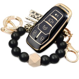 RFSRZ Car Key Fob Shell Cover Protective Case with Premium Shell Wristlet Fits for Ford F150 F250 Fusion Edge Explorer Mustang Lincoln MKZ MKC 2013-2017 (Black)