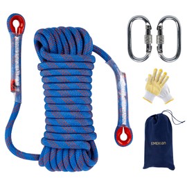 EMEKIAN 12 mm Blue Indoor Outdoor Climbing Rope, 15 M (49 ft) Static Rock Climbing Rope for Escape Rope, Ice Climbing Equipment, Fire Safety Rescue Rope, with Non Slip Gloves