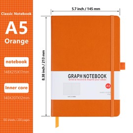 HIJYOO A5 Graph Paper Notebook, Squared Notebook 200 Pages A5 Hardback Notebook with Pen Loop, and Inner Pocket, for Office School Home Business Writing & Note Taking (Orange)
