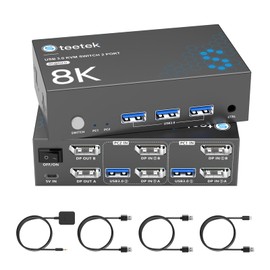 8K@60Hz KVM Switch 2 Monitors 2 Computers, USB3.0 DisplayPort KVM Switches, 4K@120Hz Dual Monitor for 1 Set of Keyboard Mouse Printer and U Disk with EDID Adaptive 2 USB Cables