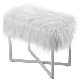 BIRDROCK HOME Rectangular White Faux Fur Foot Stool Ottoman with Grey Legs - Vanity Chair - Soft Compact Padded Seat - Bedroom and Kids Room Chair - Metal - Fluffy Makeup Seat