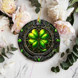 Saint Patrick’s Day Ornament | Vintage Green Lucky Four Leaf Irish Christmas Ornament, Ireland Heritage Luck of The Irish (Crystal Lucky Clover)