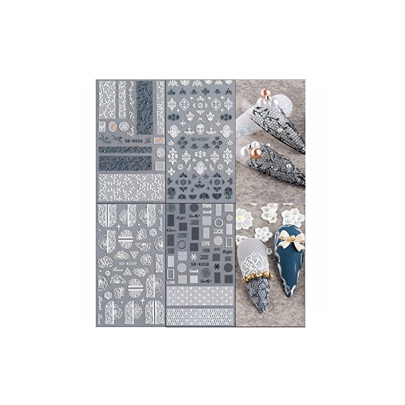 LANODO 4 Pcs Nail Stickers 5D Flower Black and White