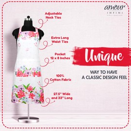 AMOUR INFINI Cotton Aprons for Women with Pocket, Adjustable Strap and Waist Ties Washable Aprons for Baking, Cooking, Gardening (27.5 x 33 Inches - Spring Floral)