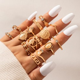 HUASAI Stackable Turquoise Rings for Women Silver Gold Jewelry Rings Set Boho Stacking Rings Midi Pinky Knuckle Rings Gifts Trendy Stuff Christmas Gifts Stocking Stuffers, Leather, No Gemstone