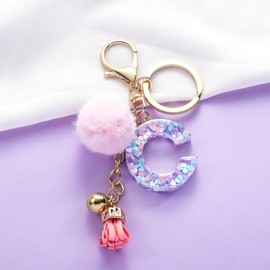 QUKE Alphabet Initial Letter Keychain for Women Girls Resin Keyring for Purse School Bag With Pink Fur Ball Pom - C