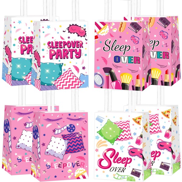 12pcs Sleepover Party Bags, Slumber Glamper Sleepover Pajama Favor Bags for Girls Treat Bags with Handle for Sleepover Party Pink Decorations Supplies