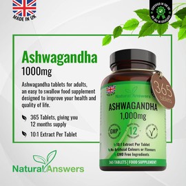 Natural Answers Ashwagandha 1000mg Tablets | 365 Vegan Tablets for 1 Year Supply | High-Strength Pure Ashwagandha Powder | Anxiety & Stress Support | UK-Made, Not Capsules or Pills
