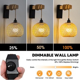 LABAFAN 11'' Boho Wall Lamp, Boho Decor Plug in Wall Lamp, with Wood Arm Hemp Rope Cord, Rustic Wall Mount Lamps for Bedroom Living Room, Bulbs Not Included. (Orange)