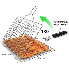Fish Grilling Folding Portable Stainless Steel BBQ Grill Basket for Vegetables Shrimp Come with Basting Brush and Storage Bagcolor: Light Grey