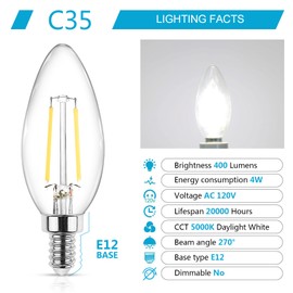 Ascher Classic E12 LED Candelabra Light Bulb, Equivalent 40W, Daylight White 5000K, Filament Clear Glass, Non-Dimmable, Pack of 10