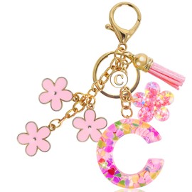 Jusen Resin Alphabet Initial Letter Keychain Tassel Flower Pendant Key Ring for Purse Handbag Car Keys (C-pink)