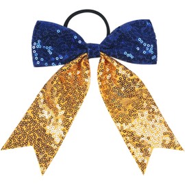Large Cheer Bows Sequin Hair Bow for Girls, Glitter Cheer Bows Ponytail Cheerleading Ribbon Holder Hair Band for Women Teen Girls (Blue Yellow, One size)