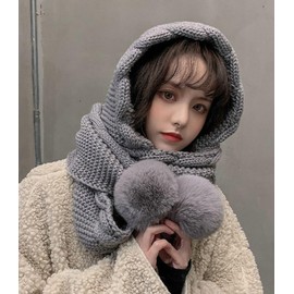 Hood Hat Scarf 2 in 1 Hooded Scarf for Women Winter Warm Beanie Hat with Faux Fur Pom Thickening Knitted Hat Scarf Set Grey