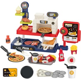 Lonfypeng Kids Pizza Oven Play Set: Ice Cream Maker, Card Reader, Cash Register, Play Food (Pizza, Chicken Nuggets, Fries) Play Money - Educational Toy Kitchen Ages 3+