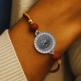 DARSHRAJ Handmade 925 Sterling Silver Lion Charm Rudraksh Thread Bracelet for Men | Woman | Silver Bracelet | Rudraksh Bracelet