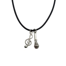 WYGUYO - Gargantilla con dije de notas musicales, gargantilla de piel negro, colgante de micrófono, collar con colgante para amante de la música, 45+5cm, Zinc, Sin piedra preciosa