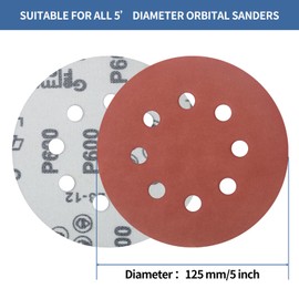 FEIHU 125mm Sanding Discs 50Pcs Orbital Sander Discs, 60 Grits, Aluminium Oxide, Hook and Loop, 125mm Diameter, 1mm Thickness, Fine Grit, Bonded Construction