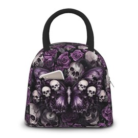Luixdie Skull Insulated Lunch Bag for Woman Gthic Sugar Skull Purple Rose Lunch Box Tote Bag Reusable Insulated Cooler Container Leakproof Lunch Bag for Work Picnic Camping