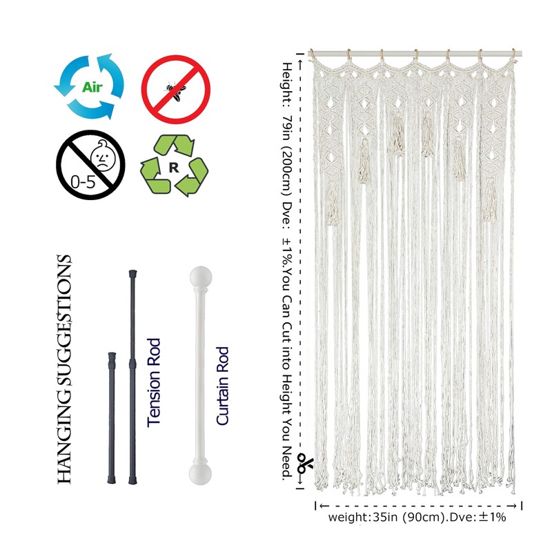Transcosy Macrame Curtain Boho Doorway Curtains,Handmade String Backdrop Panel Hippie