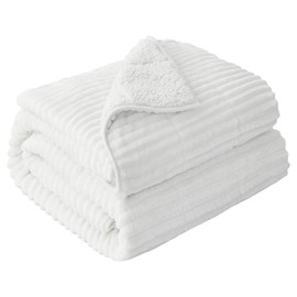 Eazfy Pro Sherpa Fleece Adult Weighted Blankets 20lbs with Ribbed Stripes, Dual Sided Fuzzy Warm Blanket for Couch Bed Sofa, Heavy Thick Blankets with Ceramic Beads Great for Sleep, White, 60" x 80"