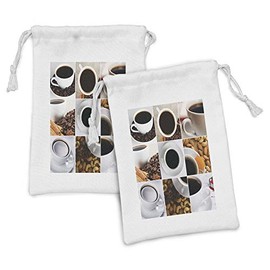 Ambesonne Coffee Fabric Pouch Set of 2, Coffee Mugs Collage with Almonds Cashews Beans Cinnamon Modern Composition, Small Drawstring Bag for Toiletries Masks and Favors, 9" x 6", White Black Brown
