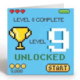 GIGGLE GREETINGS Gamer Birthday Card For 9 Year Old Girl or Boy - Level 9 Unlocked Video Gaming Birthday Card With Blue Envelope - Eco Friendly Card