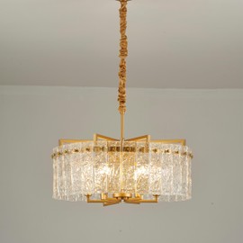 Aol furin Gold Crystal Chandeliers for Dining Room 6-Light, 22” Modern Water Ripple Glass Light Fixture, Farmhouse Round Lighting for Kitchen Island, Bar Table