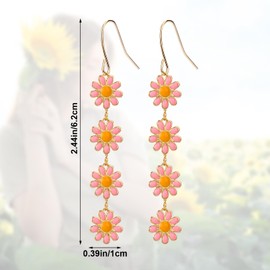 Women's Daisy Earrings, 6.2 x 1 cm Long Dangling Flower Earrings, Daisy Sunflower Earrings, Dangling Daisy Earrings, Hook Earrings for Women and Girls, Copper, No Gemstone